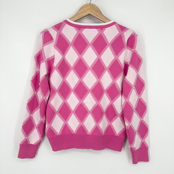 Nanette Lepore Argyle Cardigan Pearl Crew Neck Plaid Barbie Sweater, Pink - Picture 8 of 12